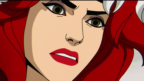a close up of a cartoon character with red hair and green eyes