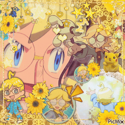 a picture of a girl with glasses and a yellow pikachu with the words picmix at the bottom