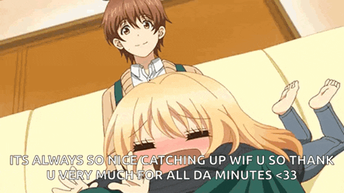 a girl is laying on a couch with a boy standing next to her and says it 's always so nice