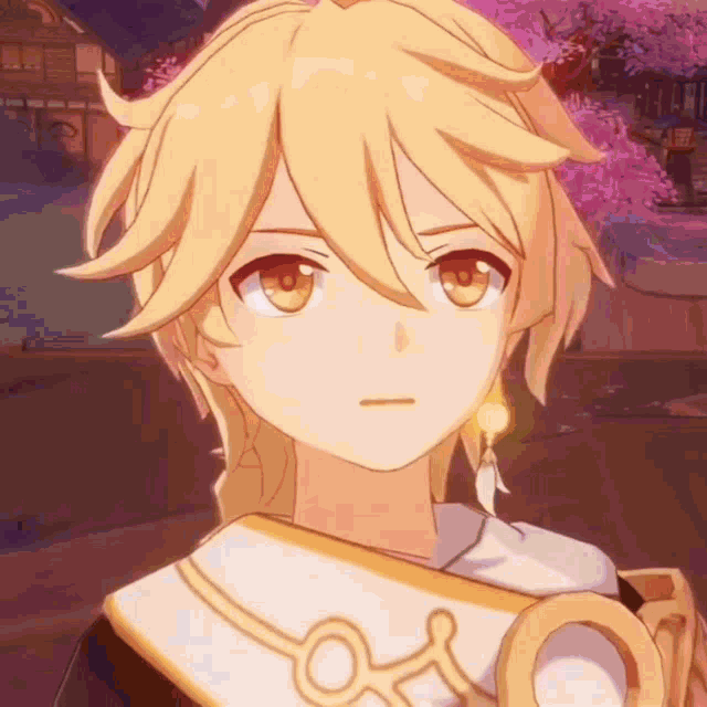 a close up of a person 's face in a video game with yellow hair and brown eyes .
