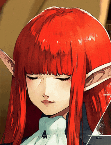 a drawing of a girl with red hair and elf ears with the letter a on her shirt