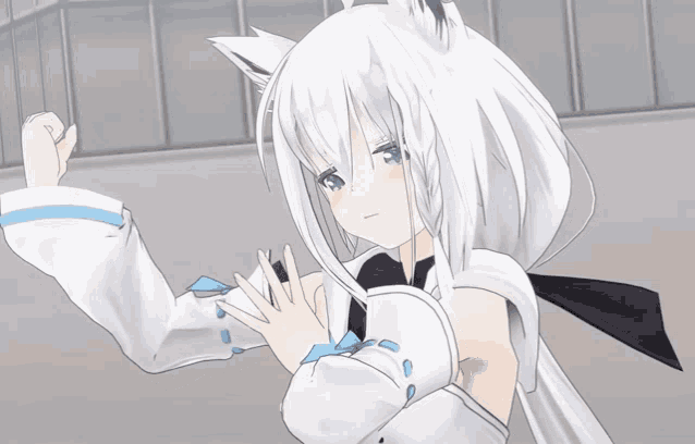 a girl with white hair and black ears is wearing a white jacket