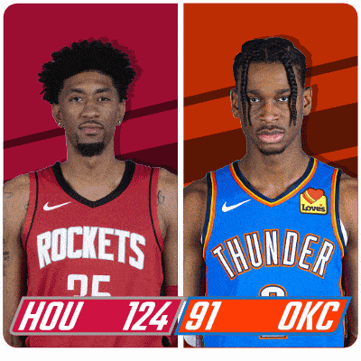 two basketball players from the rockets and thunder are shown