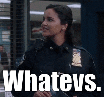 a woman in a police uniform is standing in front of a window with the words whatevs written below her
