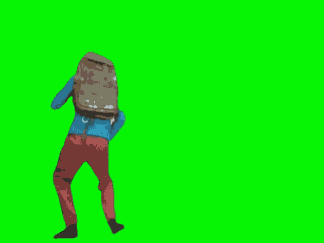 a man in a blue jacket and red pants with a backpack is standing on a green screen