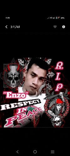 a picture of a man with a skull and the words " enzo respect in peace "