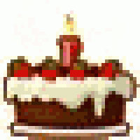 a cartoon of a birthday cake with strawberries and a candle on top .
