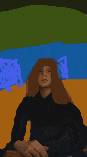 a painting of a man with a purple letter n on the bottom
