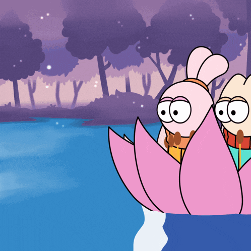 two cartoon characters are floating on a pink flower in a river