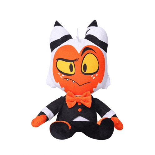a stuffed animal with an orange face and yellow eyes is wearing a bow tie