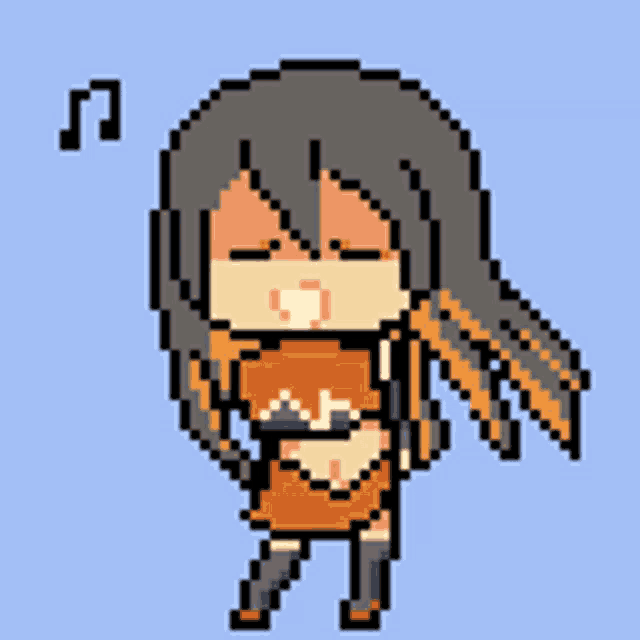 a pixel art of a girl holding a coin with a m on it