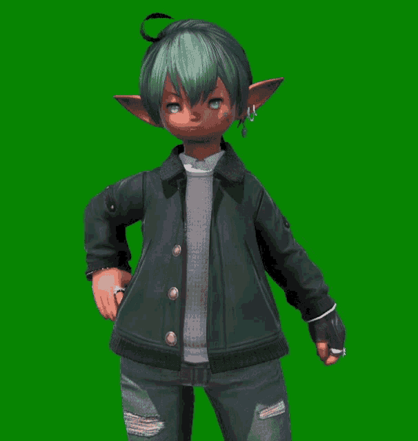 a green screen shows a cartoon character wearing a black jacket