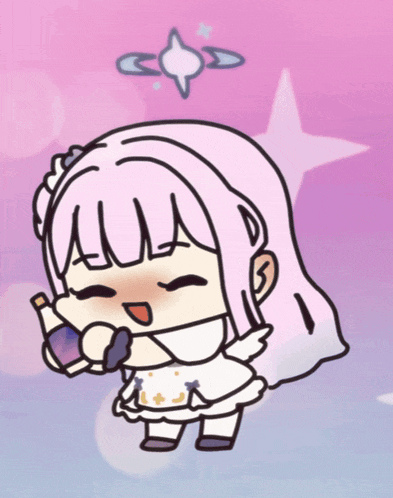 a drawing of a girl with pink hair and a white dress