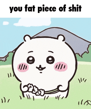 a cartoon bear is holding a bunch of flowers in a field and says you fat piece of shit .