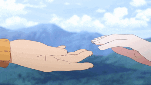 a man and a woman reaching out to touch each other 's hands