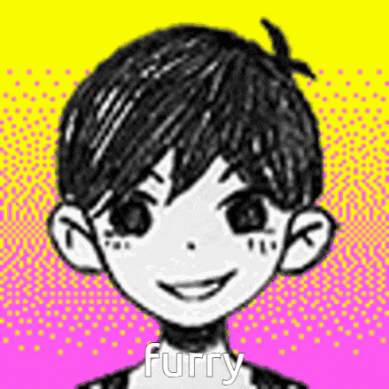 a black and white drawing of a boy with a yellow and pink background and the word furry on it .