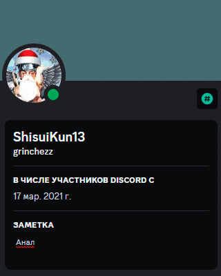 a screenshot of shisuikun13 grinchezz 's discord account