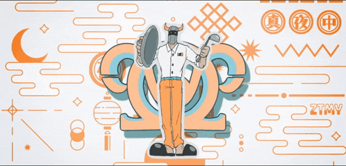 a cartoon drawing of a man with horns holding a microphone in front of a sign that says " ztmy "