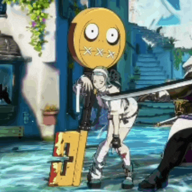 a video game character is holding a sword in front of a yellow smiley face .