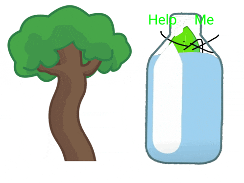 a tree and a bottle of water with the words help me written on it
