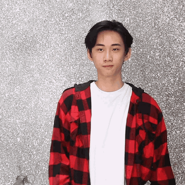 a young man wearing a red and black plaid shirt