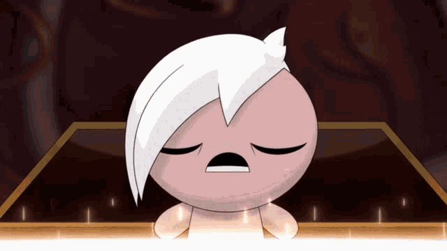 a pink cartoon character with white hair is sitting on a table with his eyes closed