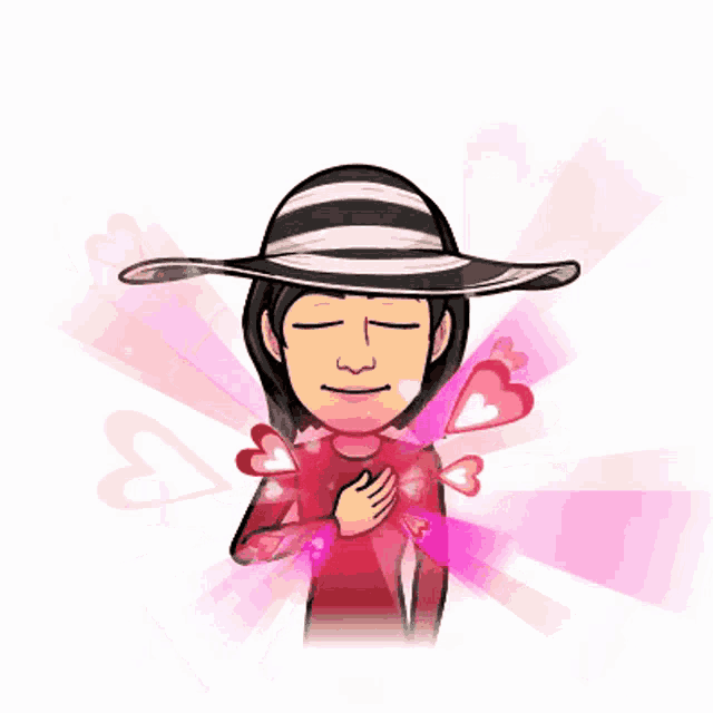 a cartoon of a woman wearing a hat with hearts coming out of her heart