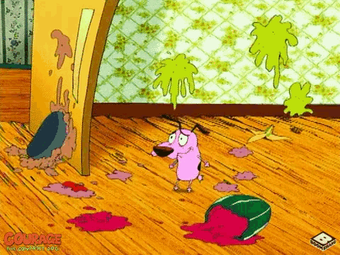 a cartoon of courage the cowardly dog standing on a messy floor .
