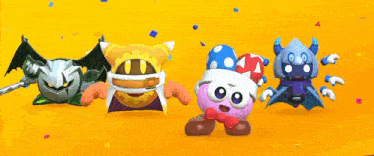 a group of cartoon characters are dancing together on a yellow background .