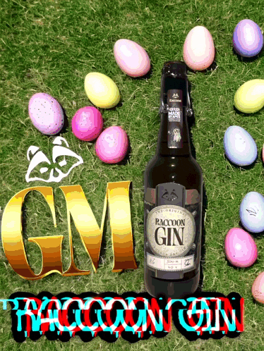a bottle of raccoon gin sits on the grass with easter eggs