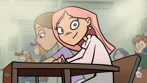 a cartoon of a girl with pink hair sitting at a desk with the word bully on it