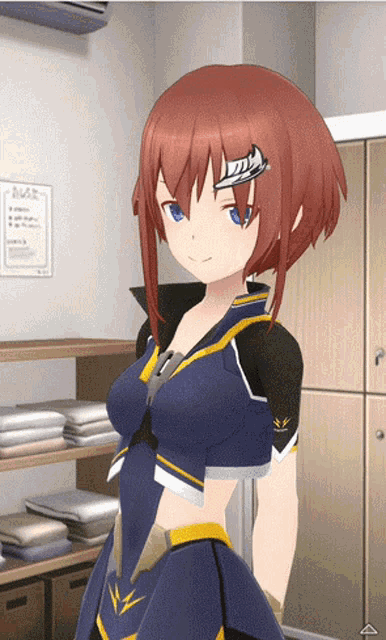 a girl with red hair and blue eyes stands in front of a locker