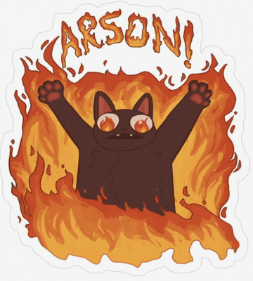 a black cat is surrounded by flames and the word arson is on the sticker