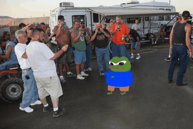 a group of men are gathered in a parking lot with a cartoon character in the middle