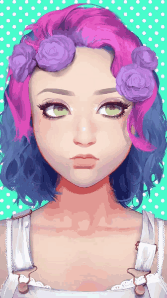 a girl with pink and blue hair and purple flowers in her hair