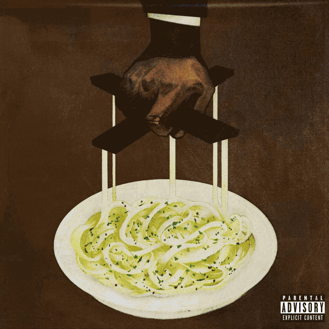 a parental advisory explicit content poster with a plate of pasta