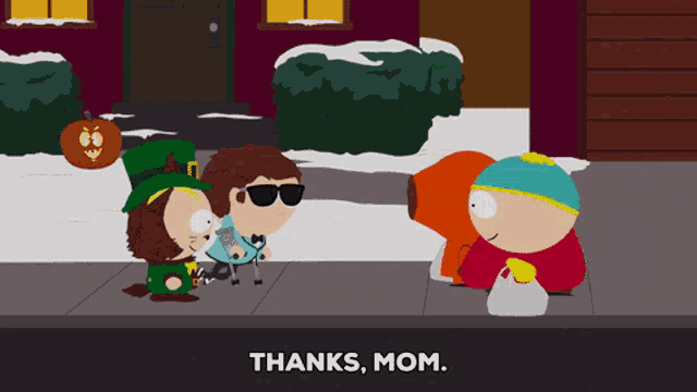a cartoon character says thanks mom in front of a pumpkin