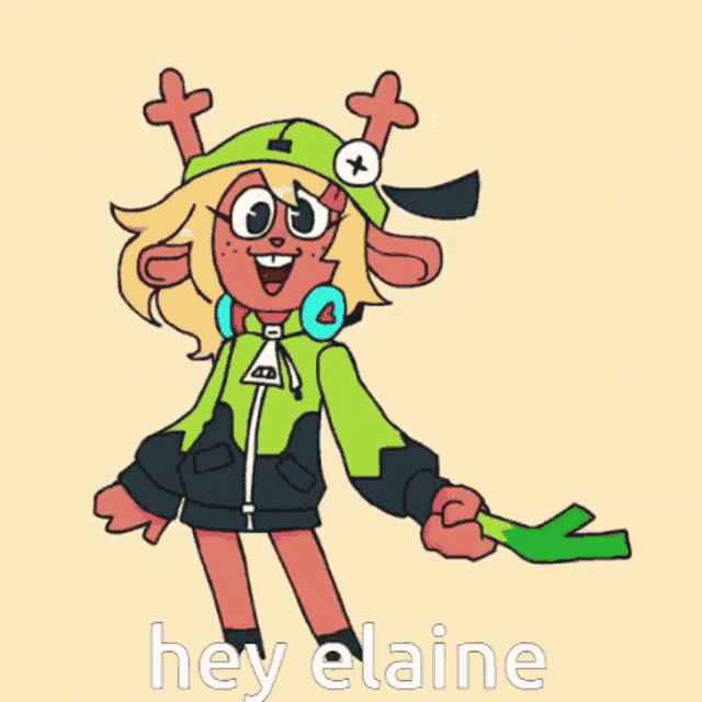 a cartoon drawing of a girl holding a green stick with the words hey elaine below it