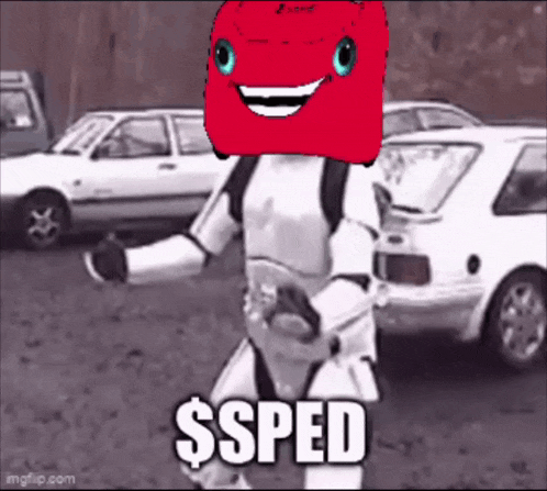 a storm trooper with a red smiley face on his head is walking in a parking lot with cars .