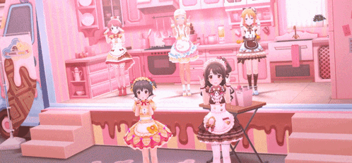 a group of maids are standing in a pink kitchen