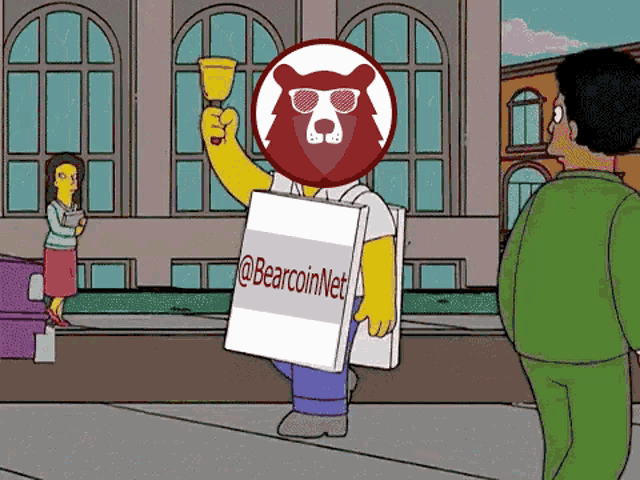 a cartoon character holding a bag that says @bearcoinnet on it