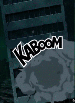 a kaboom logo is displayed in front of a destroyed building
