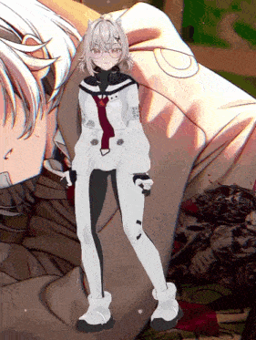 a girl in a white suit with a red tie stands in front of a drawing of a man