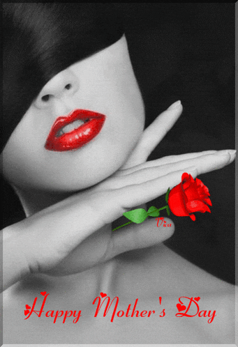 a black and white photo of a woman with red lips and the words happy mother 's day below her
