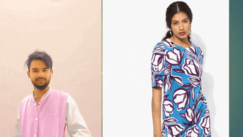 a man in a pink jacket is next to a woman in a blue dress
