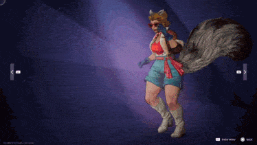 a screenshot of a video game shows a female character standing next to a blue bag