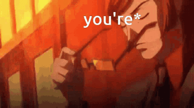 a cartoon of a man holding a pair of glasses with the words " you 're * " above him