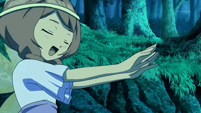 a girl in a blue shirt is reaching out towards a tree in a cartoon