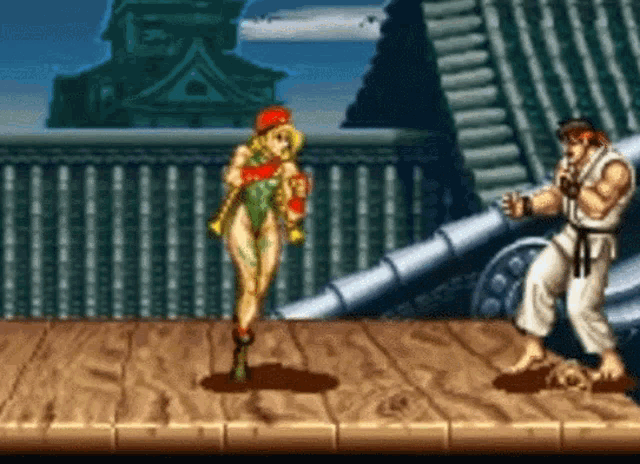 a video game scene with a man and a woman fighting