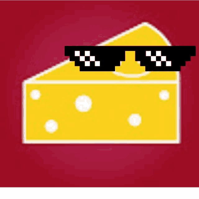 a slice of cheese wearing a pair of sunglasses on a red background